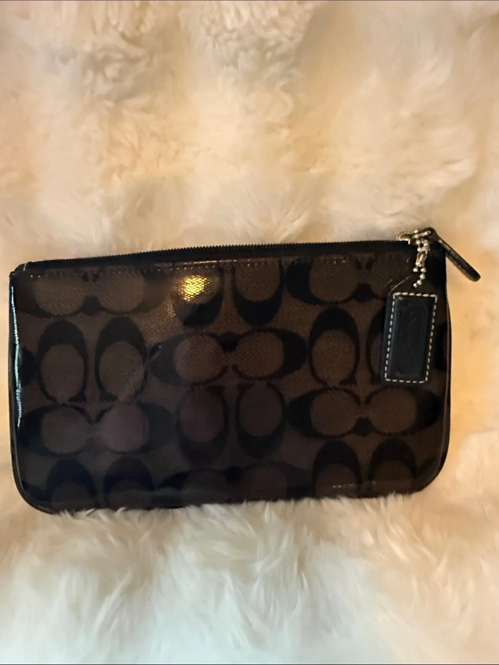 Coach Black and Grey Signature Patent Wristlet!!